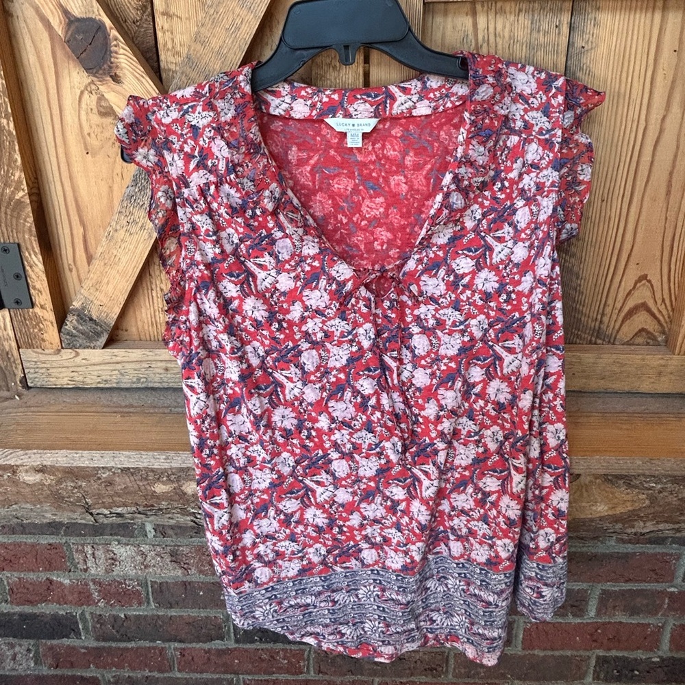 Lucky Brand Red Sleeveless Ruffled Blouse